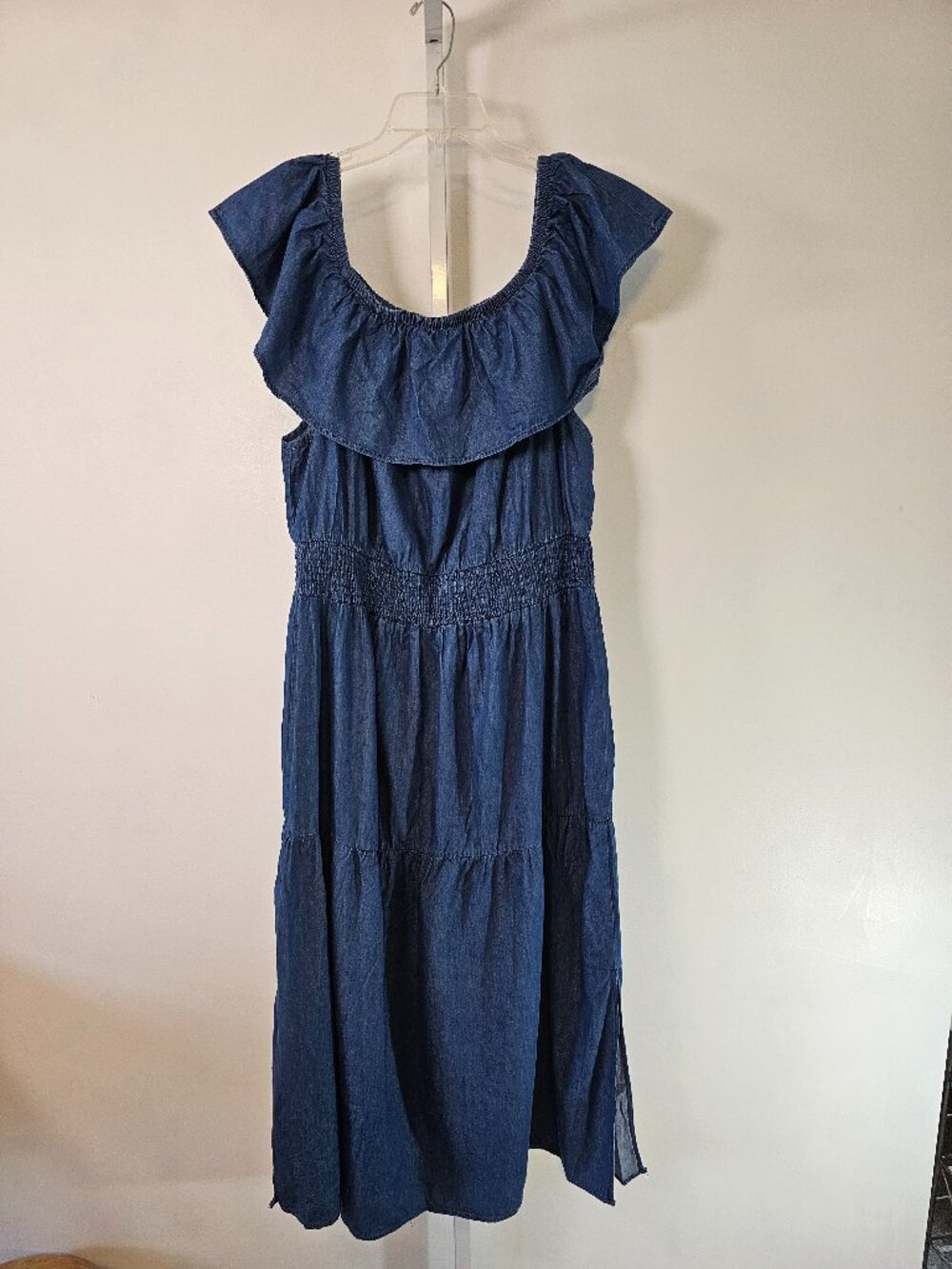 MPH Dress Blue Chambray Maxi Tiered Boho Cottage Ruffle 2X NWT